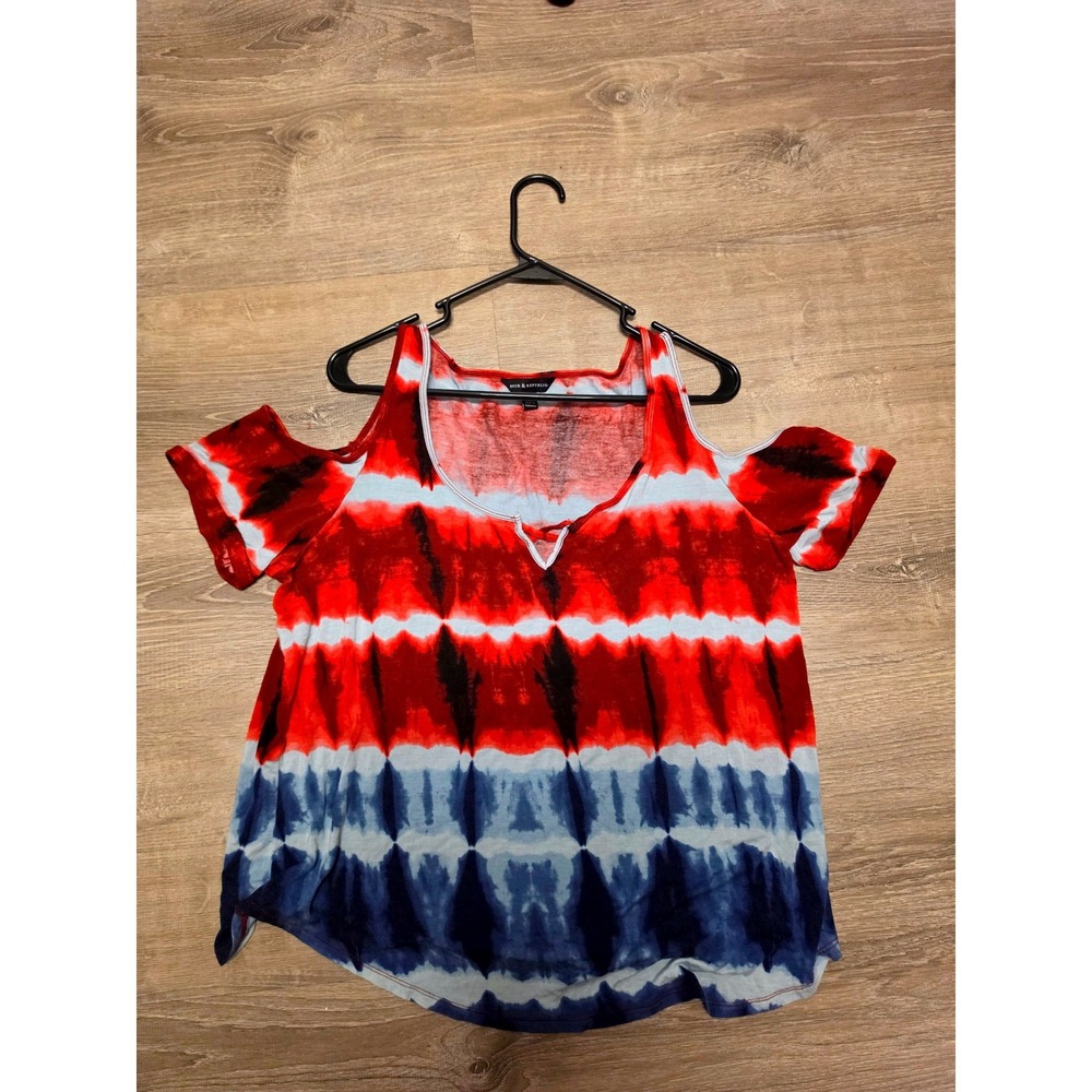 Rock & Republic Womens Red White Blue Tie Dye Cold Shoulder Top XL Americana